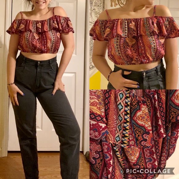 Tribal Print Off-the-shoulder Crop Top - Picture 1 of 1